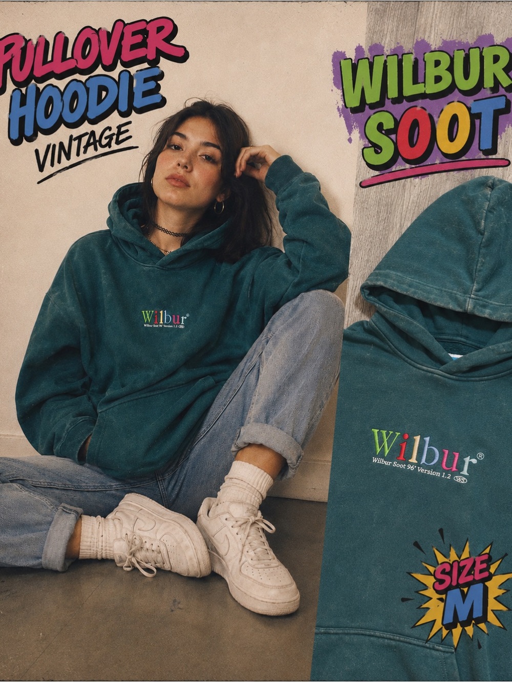 Wilbur Soot 90’s Hoodie Vintage Men's Size M Pullover Green  Graphic Logo
